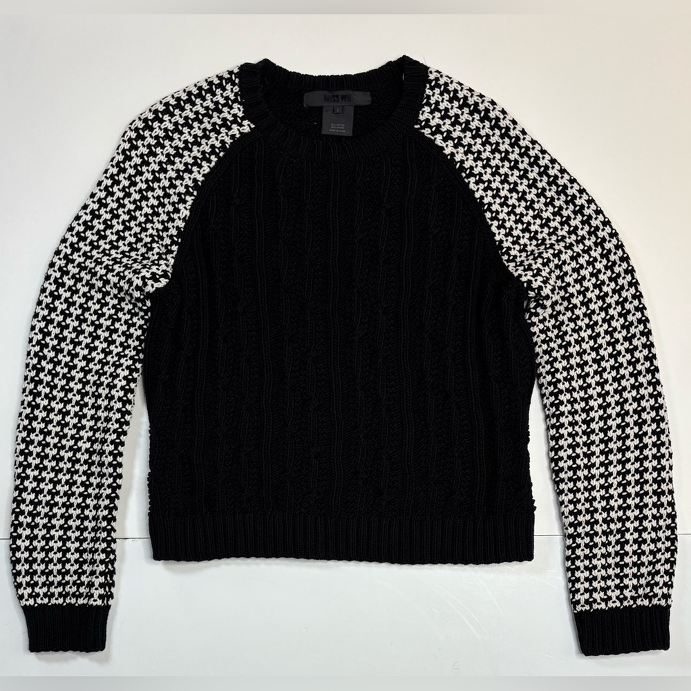 Miss Wu Jason Wu Black White Chunky Cable Knit Houndstooth Designer Sweater - Picture 10 of 11